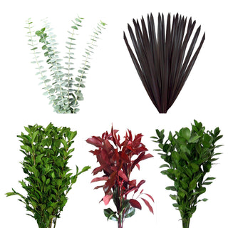 Assorted Ruscus, Eucalyptus, Viburnium, Purple Flax & Photinia Combo Box Purple flowers - fresh-cut flowers by Bloomingmore - ideal for weddings and floral events
